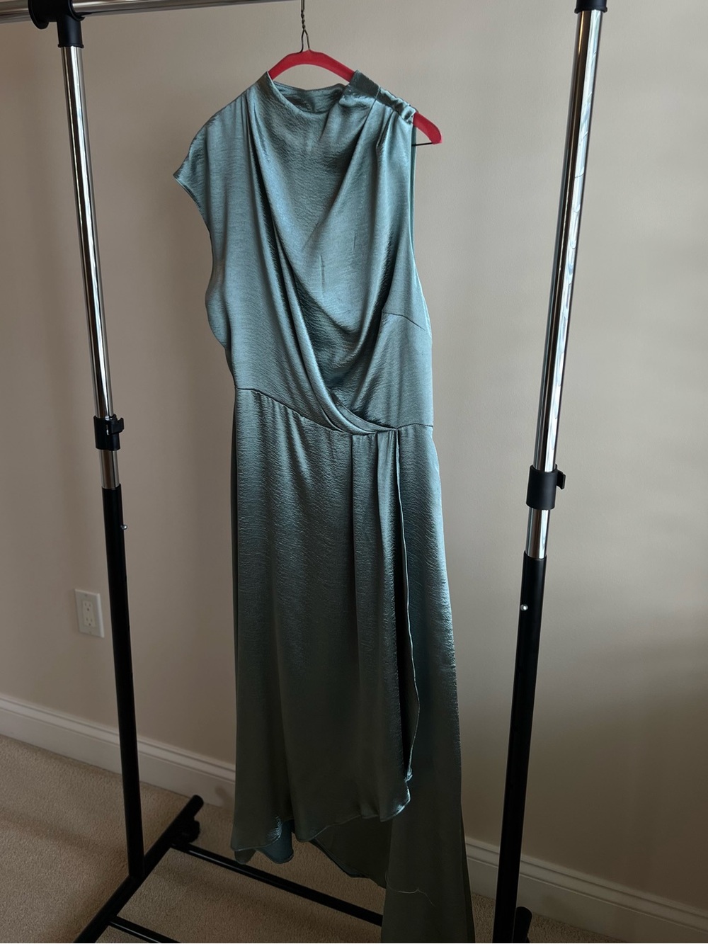 ASOS Satin Drape One-Shoulder Midi Dress in Sage Green/Blue